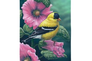 GOLDFINCH ON HOLLYHOCKS [SATIN HOUSE BANNER]