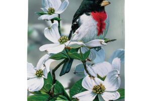 GROSBEAK ON DOGWOOD [SATIN HOUSE BANNER]